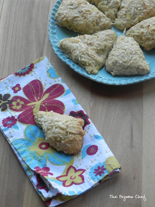 Pineapple Scones... a tropical treat with crunchy cashews, smooth coconut, and sweet pineapple in every bite! Find the recipe on thepajamachef.com